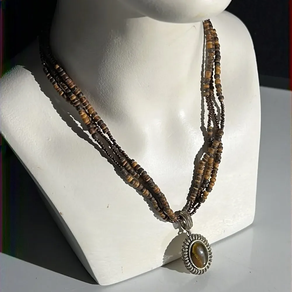 Avon Tigers Eye Pendant on Brown Bead Necklace